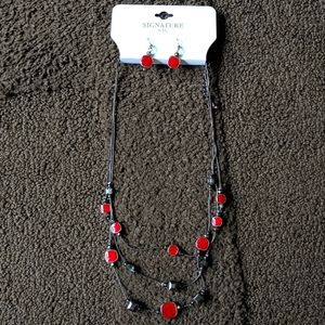 Beautiful Red & Gunmetal Long Necklace & Earrings